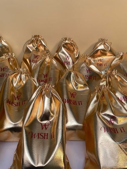 Our custom potlis going global. This batch of beautiful gold potli bags was packed and shipped all the way to the US for a special event. We handle worldwide shipping.