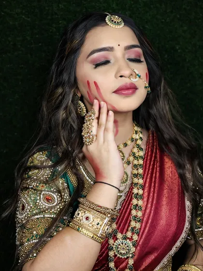 A beautiful portrait from the Holi-themed shoot, showing the makeup and jewellery in detail.