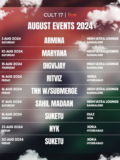 The August 2024 event calendar, featuring a diverse lineup of artists like Ritviz, Suketu, and international DJs. This monthly summary acts as a content pillar, keeping my audience engaged and informed.