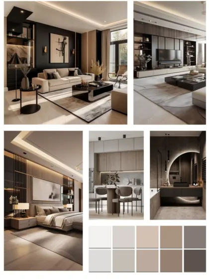 This mood board explores a dark, modern, and luxurious aesthetic for a full home, combining deep charcoal tones with warm neutrals and sleek lines for a sophisticated look.