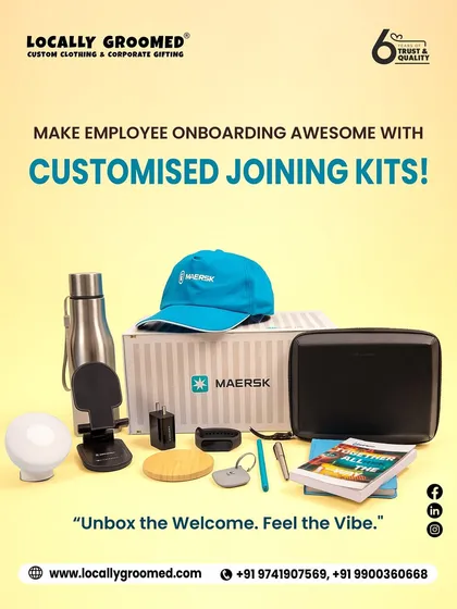 An example of a high-impact employee onboarding kit we created for Maersk. This welcome package includes a branded cap, a stainless steel water bottle, a tech organizer pouch, and other useful items to make new hires feel welcome and equipped from day one.