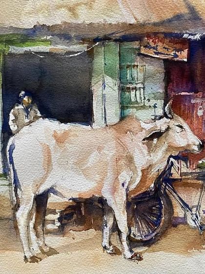 This painting of a cow and a cycle rickshaw on a rustic street was selected for an award. It represents the simple, everyday scenes of India that I am so passionate about capturing in my watercolors.
