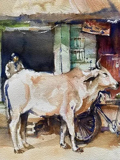 This is the award-winning watercolor painting, "Along the street." I was so surprised and grateful to receive recognition for this piece, which captures a simple, everyday Indian scene.