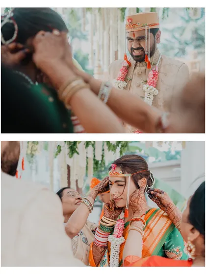 Close-up shots of the traditional jewelry and rituals being performed on the bride and groom during their Maharashtrian wedding.