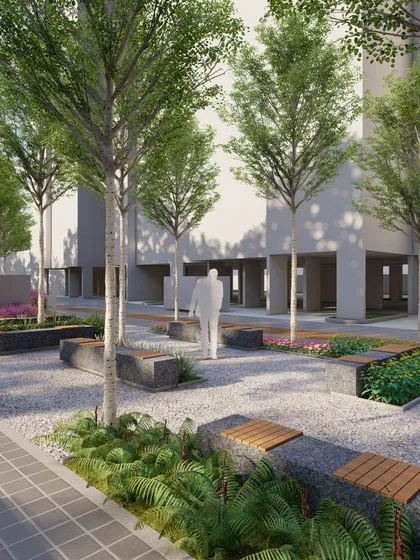 A render of a shaded seating area nestled between apartment towers. We use gravel, stone planters, and wooden bench tops to create a modern, low-maintenance public space.