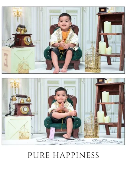 A collage titled "Pure Happiness" showing two poses from the vintage session. The elegant backdrop and classic props create a sophisticated setting for these joyful portraits.