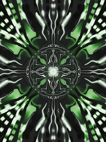 This is another experimental mandala, this time using a stark green, white, and black palette. The design has a sharp, almost tribal feel, showing the versatility of the symmetrical patterns I create.