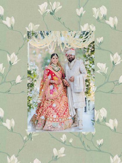 An artistic portrait of the couple on their wedding day, framed by a beautiful floral border.