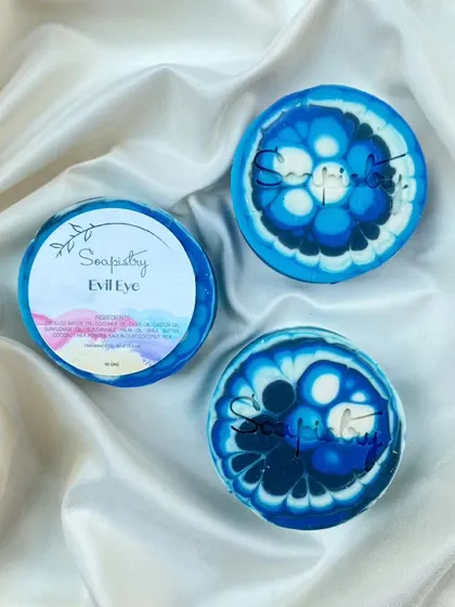 The Evil Eye soap is one of my most popular designs. The striking blue and white pattern is always a conversation starter, and it's a beautiful piece to have in your bathroom.