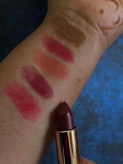 This is my deep Maroon lipstick, a rich and elegant shade. You can see how it compares to the other four colors in my limited launch collection.
