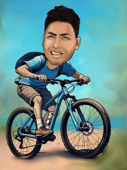 A dynamic digital caricature of a man on his mountain bike. I can create action shots and full-body scenes.