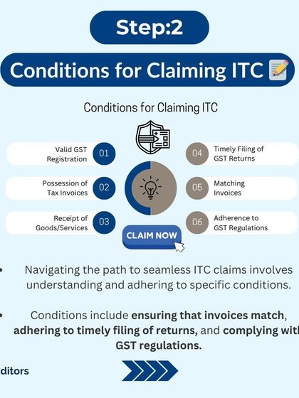 Step 2: This image outlines the specific conditions for claiming ITC. Key conditions include timely filing of returns, matching invoices, and adhering to all GST regulations.