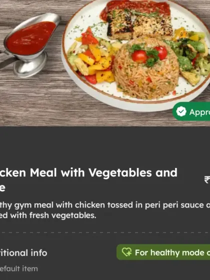 This is a complete, balanced gym meal featuring chicken in a flavorful peri peri sauce, served with fresh vegetables and rice. It's designed to provide the protein and nutrients you need for muscle recovery after a workout.