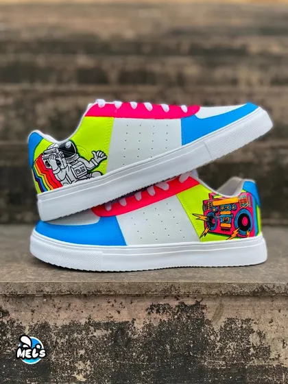 A stacked view of our custom-painted Campus shoes, showing the neon astronaut and boombox designs together.