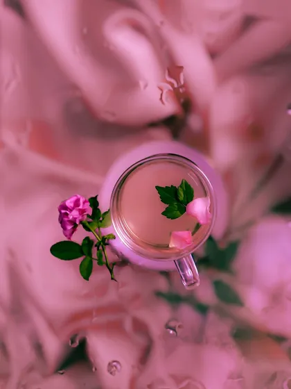 An artistic, top-down shot of rose tea, using a monochromatic pink palette and a misty effect to create a dreamy, abstract visual.