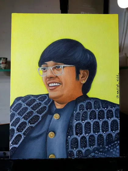 The finished oil painting of comedian Mehul bhai. I tried to capture his happy and energetic personality with a bright yellow background.