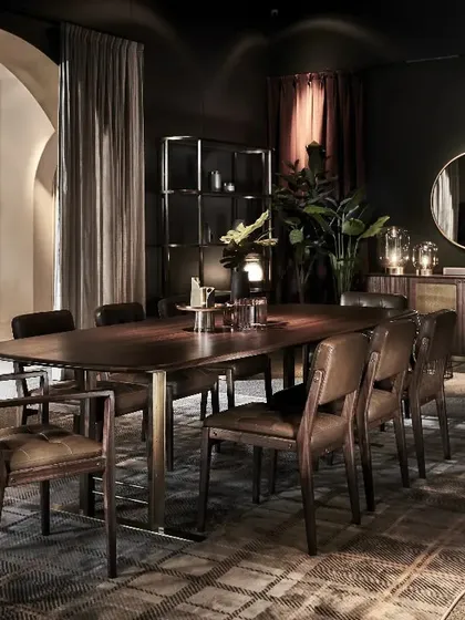We believe dining should be an experience of refined elegance. This setting showcases our Axel dining collection, where the rich warmth of solid walnut and the classic comfort of leather chairs create a sophisticated, mid-century modern atmosphere perfect for intimate gatherings and grand celebrations alike.