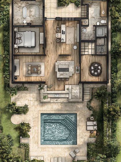 A floor plan is the soul of a home. In this layout, I focused on creating a seamless indoor-outdoor experience, with the main living areas opening directly onto the pool and garden. It's a design that prioritizes peace, flow, and a resort-like feel.