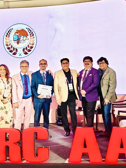 A group photo on stage at the SAARC AAD's DiCD 2025 conference. It was a celebration of knowledge, commitment, and the future of dermatology.