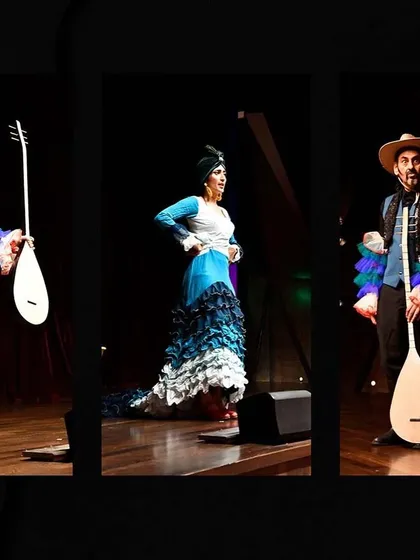 A triptych of images from a performance of "No Strings Attached." It shows the vibrant costumes and dynamic interactions between the characters on stage.
