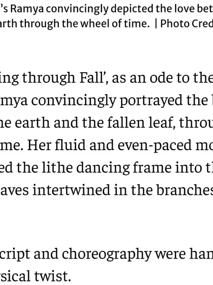An excerpt from The Hindu's review of "Sharad", describing how my movements portrayed the bond between a fallen leaf and the earth.
