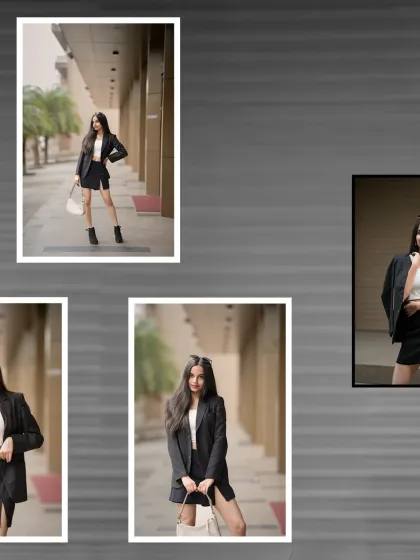A scattered collage of poses, giving a glimpse into the variety of shots captured during the urban 'boss babe' photoshoot.