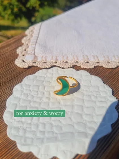 Another view of the green onyx Luna ring, a beautiful charm for anxiety and worry.