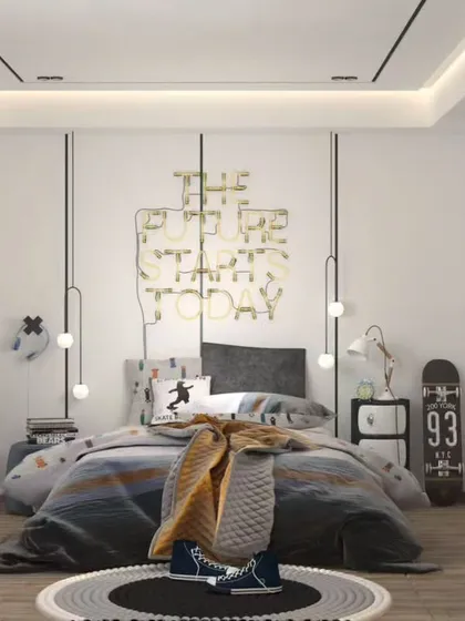 This cool and contemporary room is perfect for a teen. It features a "Be The Best Today" neon sign, hanging pendant lights, and a skateboard deck as decor, reflecting a modern, urban style.