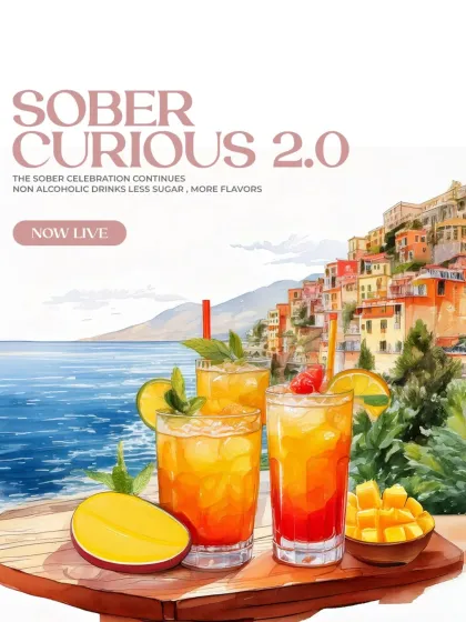 An illustration announcing our Sober Curious 2.0 menu, where each of the seven curious sips is a bottled moment.