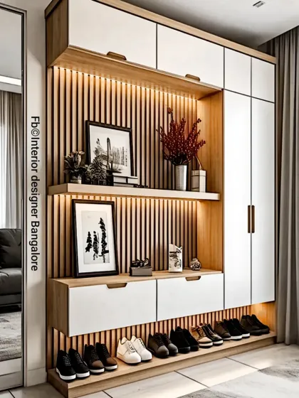 We believe in making every part of the home functional, including the entryway. This custom storage unit features integrated lighting, open shelving for frequently used shoes, closed cabinets for a tidy look, and drawers for smaller items.