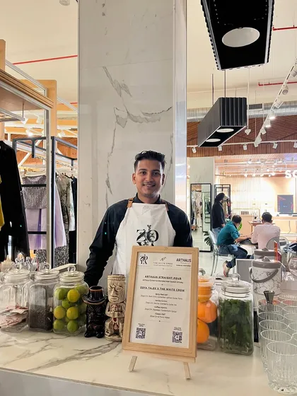 My setup for a brand collaboration with Zoya Gin and Arthaus Scotch at the TWC Store in Jio World Drive. A clean, modern, and professional presentation.
