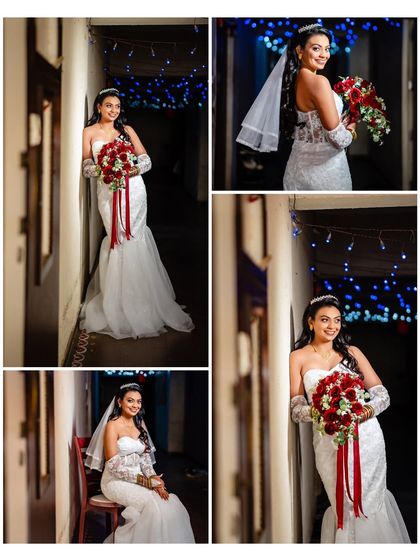A collage of classic bridal portraits. These shots show the bride in her full wedding attire, capturing her elegance from different angles and poses.