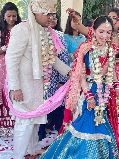 Seeing my brides shine on their special day is the most rewarding feeling. This beautiful bride is wearing a custom Tehhzeeb Couture lehenga, combining a traditional red bandhani dupatta with a royal blue brocade skirt. It was an honor to be a part of her wedding story.