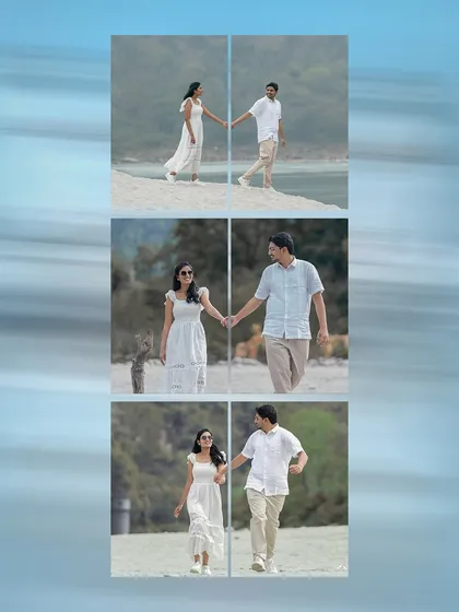 A collage showing a romantic walk along the beach. The couple, dressed in white, creates a beautiful contrast with the natural scenery, telling a story of a journey taken together.
