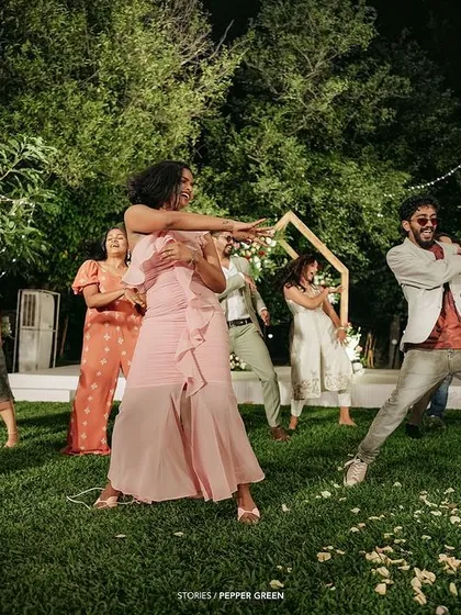 A fun, choreographed dance by friends at the reception. These performances are a highlight of many weddings and add great energy to the film.