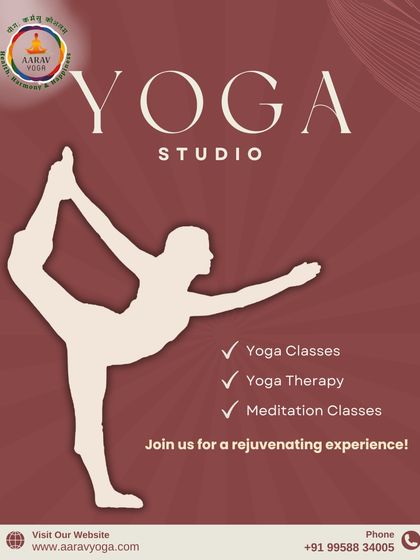 This graphic highlights the core offerings of our yoga studio, including yoga classes, yoga therapy, and meditation, all aimed at providing a rejuvenating experience.