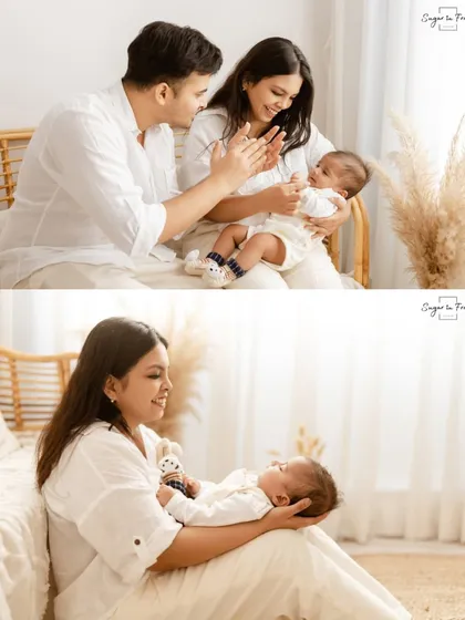 A collage showing the playful and tender sides of a newborn session. Parents playing with their baby and a mother cradling her child in a quiet moment.