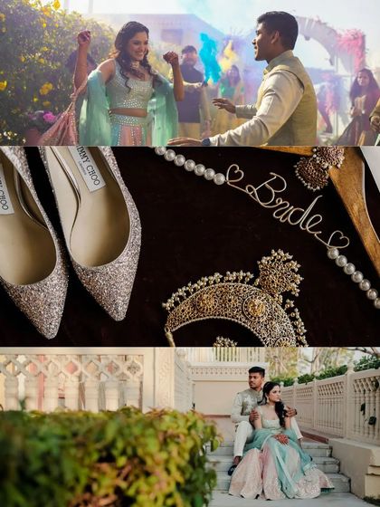 A collage of wedding details, including the bride's Jimmy Choo shoes, her jewelry, and a fun shot of the couple, showing that details are part of the larger story.