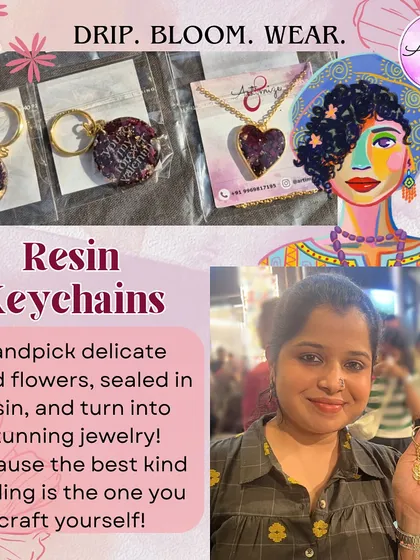 Drip, bloom, and wear. This collage showcases the beautiful resin keychains and jewellery you can create at my workshops. We use delicate dried flowers and glitter, sealing them in resin to make stunning, personalized accessories.