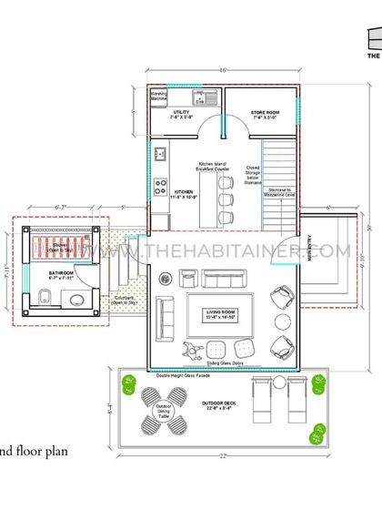 This is a ground floor plan for a container home, showing the layout of the living room, kitchen, utility area, and bathroom. It also details the outdoor deck, demonstrating how I integrate indoor and outdoor living spaces.