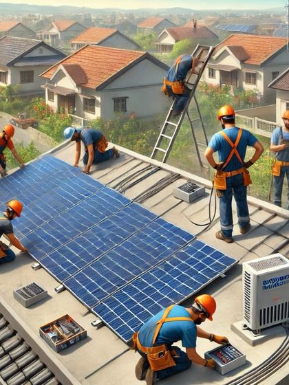 A complete residential rooftop setup in progress. You can see my team installing the black mono solar panels and connecting the inverter. We handle the entire process, from start to finish.