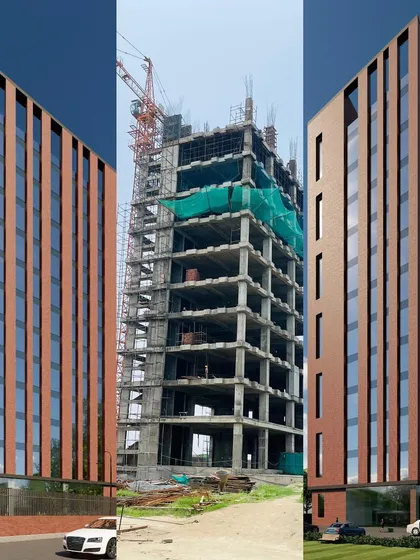 This collage captures the evolution of a project from a concrete skeleton to its final form. It shows how our initial design vision for an exposed brick office tower is meticulously brought to life, ensuring the finished building is true to the architectural concept.