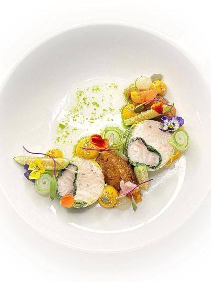 A repeat of the beautiful Ballotine of fish, showcasing its intricate and colorful plating from a different angle.
