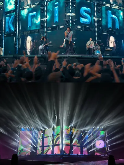 A comparison shot of the 'Saiyaara' concert stage, showing how the LED screens and moving lights were used to create a dynamic, multi-layered backdrop for the band.