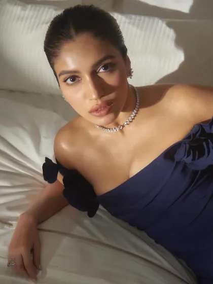 For the Indian Television Awards, I styled Bhumi Pednekar in this elegant off-the-shoulder navy gown by Marchesa. The look was elevated with a delicate diamond choker, creating a timeless and sophisticated red carpet moment.