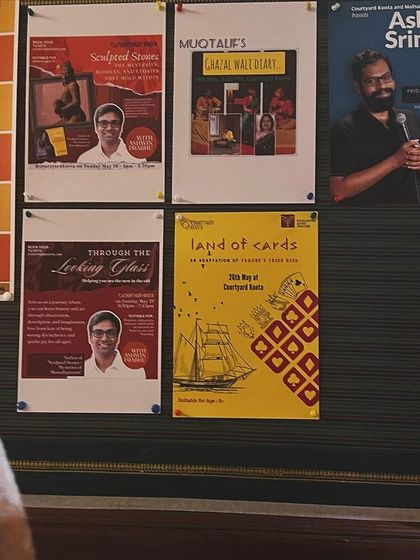 A view of our event board, where posters for upcoming shows are displayed. It's always exciting to see the month's diverse lineup of music, theatre, and comedy all in one place.