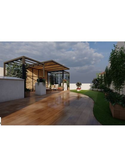 A 3D visualization of a spacious terrace garden. This render shows the proposed layout, including a wooden deck, a pergola-covered seating area, and planter boxes, allowing the client to approve the design before construction.