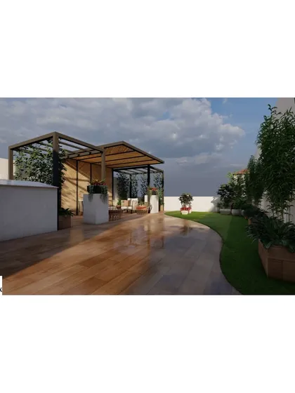 A 3D visualization of a spacious terrace garden. This render shows the proposed layout, including a wooden deck, a pergola-covered seating area, and planter boxes, allowing the client to approve the design before construction.