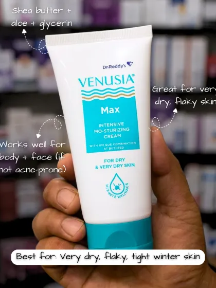 Venusia Max is a great choice for very dry, flaky, and tight winter skin. It's an intensive moisturizing cream with shea butter and aloe that works well for both the face and body.