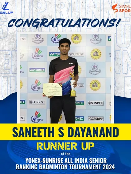 We celebrate the incredible achievement of our athlete, Saneeth S Dayanand, who secured the runner-up position at the Yonex-Sunrise All India Senior Ranking Tournament. His journey, which included defeating a World No. 65 player, is a testament to the high-performance training and grit we cultivate.